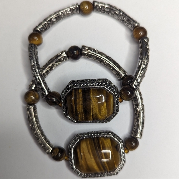 2 HSN Silvertone Tiger Eye Beads Octagon Center Feature Stone Stretch Bracelets - Picture 2 of 7